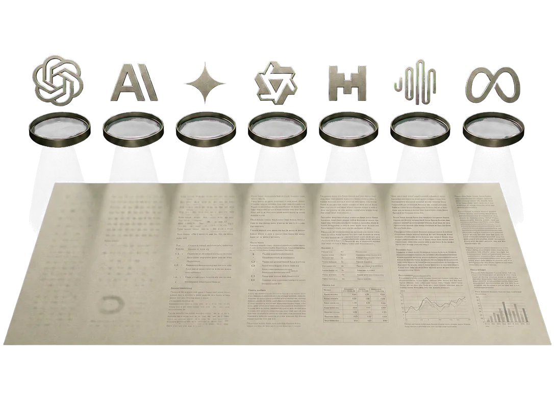 Seven AI model logos above seven lenses, each casting light onto one shared document